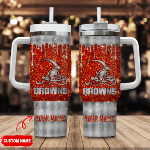 Cleveland Browns NFL Glitter Custom Stanley Quencher 40oz Stainless Steel Tumbler With Handle - Threewoofs