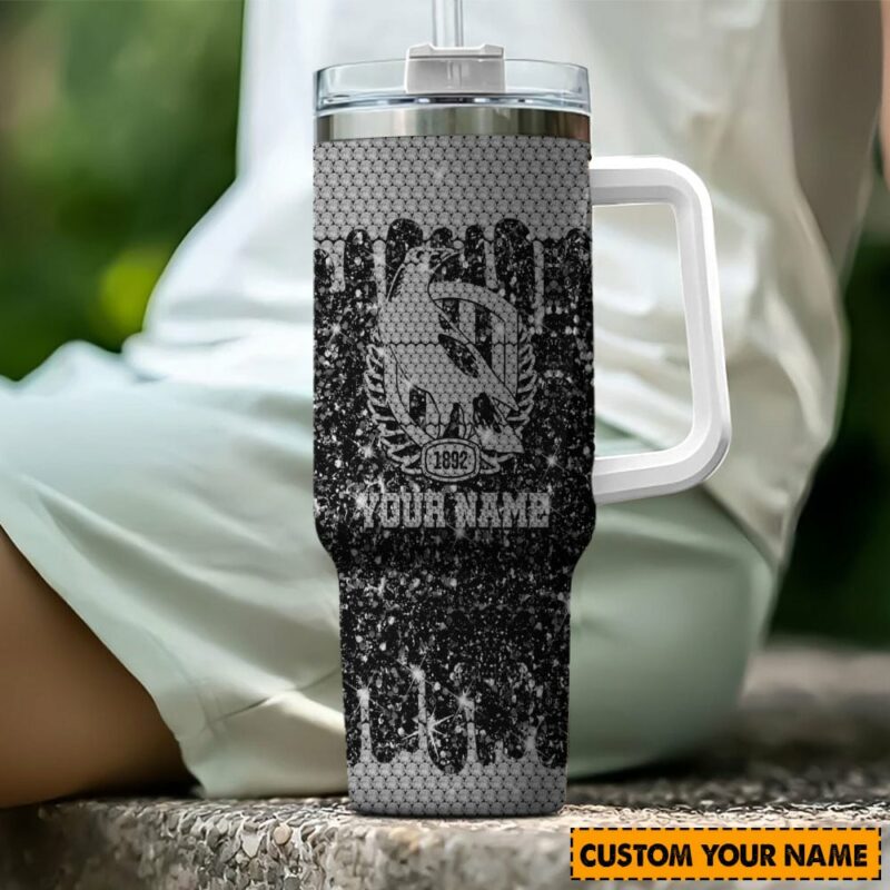 Collingwood Magpies AFL Sports Glitter Custom Stanley Quencher 40oz Stainless Steel Tumbler With Handle - Threewoofs