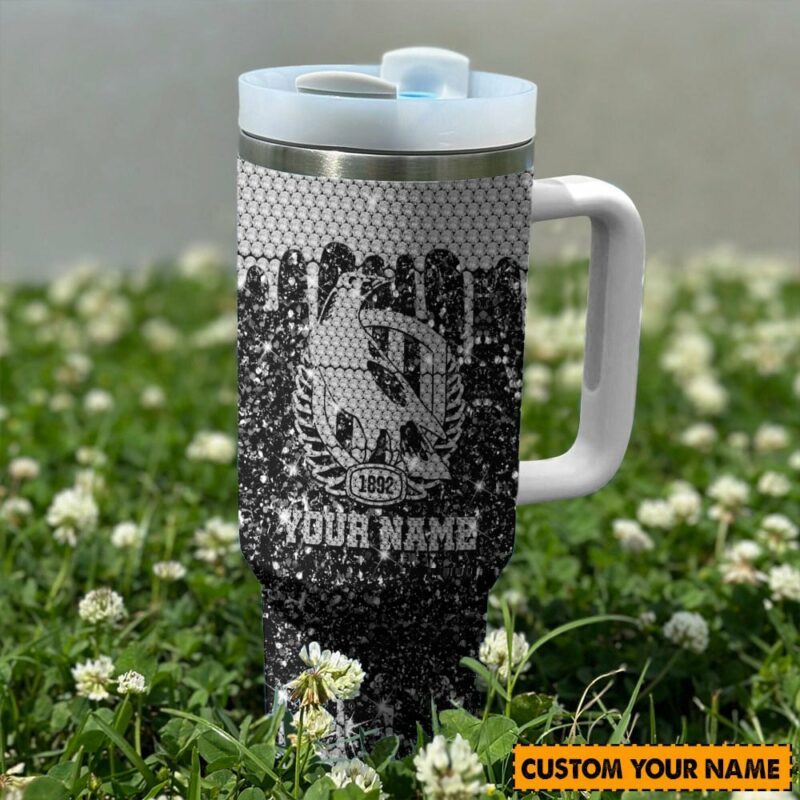 Collingwood Magpies AFL Sports Glitter Custom Stanley Quencher 40oz Stainless Steel Tumbler With Handle - Threewoofs - Image 2