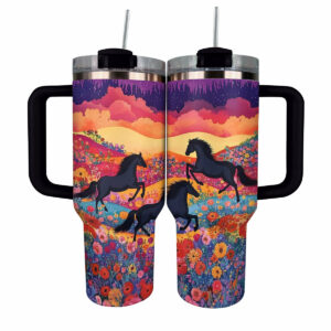 Colorful Horses Custom Stanley Quencher 40oz Stainless Steel Tumbler With Handle - Threewoofs