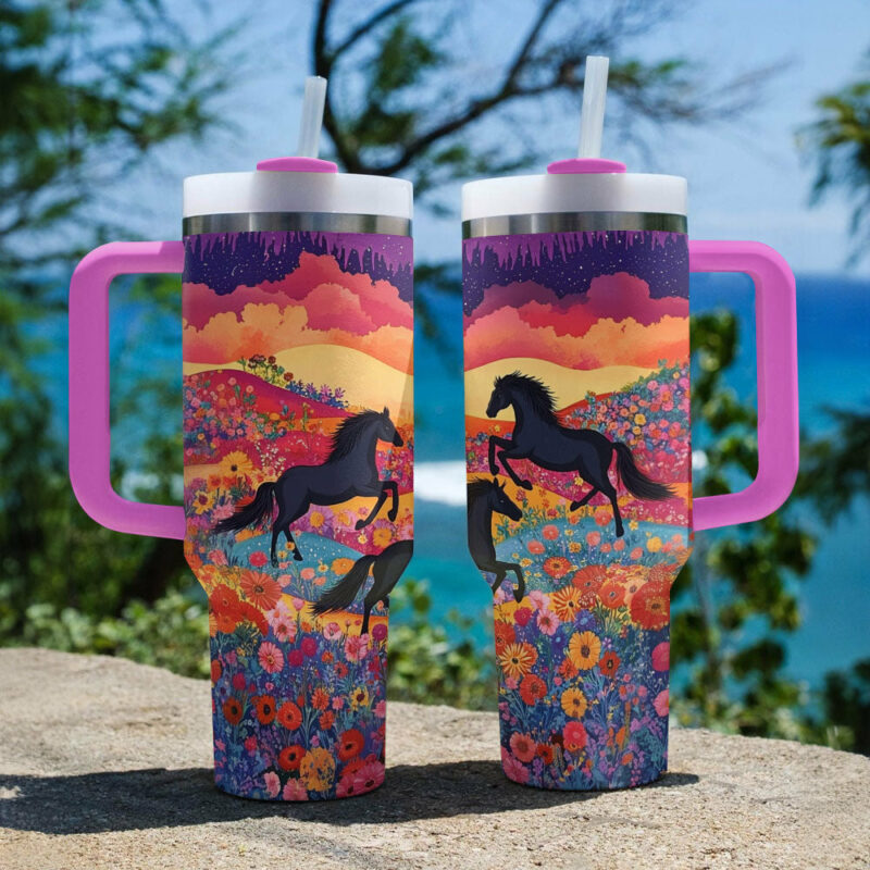 Colorful Horses Custom Stanley Quencher 40oz Stainless Steel Tumbler With Handle - Threewoofs - Image 2
