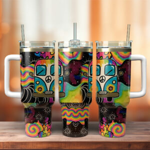 Colorful Van Sunflower Custom Stanley Quencher 40oz Stainless Steel Tumbler With Handle - Threewoofs