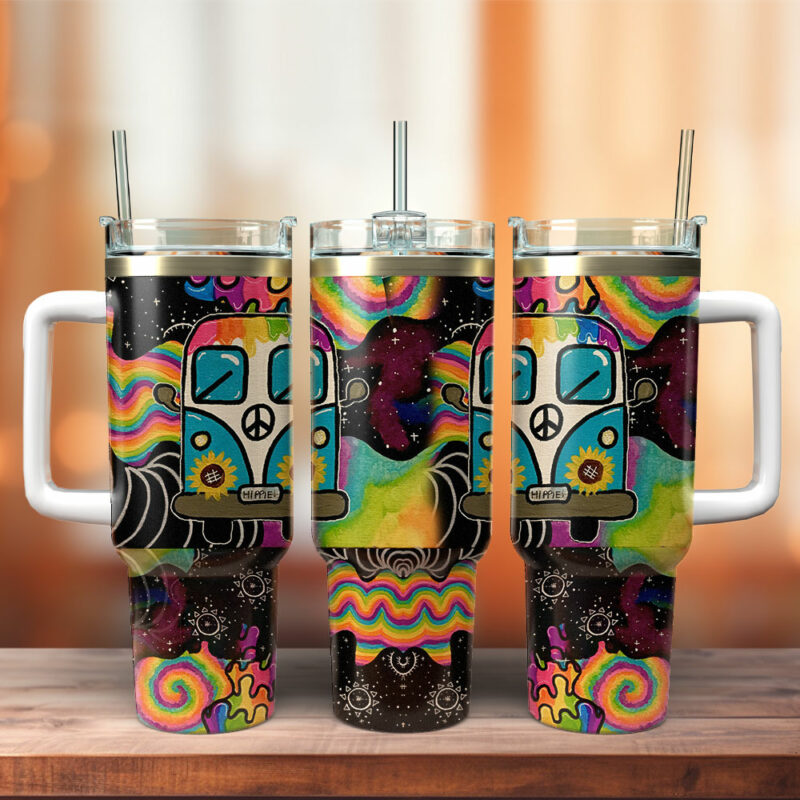 Colorful Van Sunflower Custom Stanley Quencher 40oz Stainless Steel Tumbler With Handle - Threewoofs