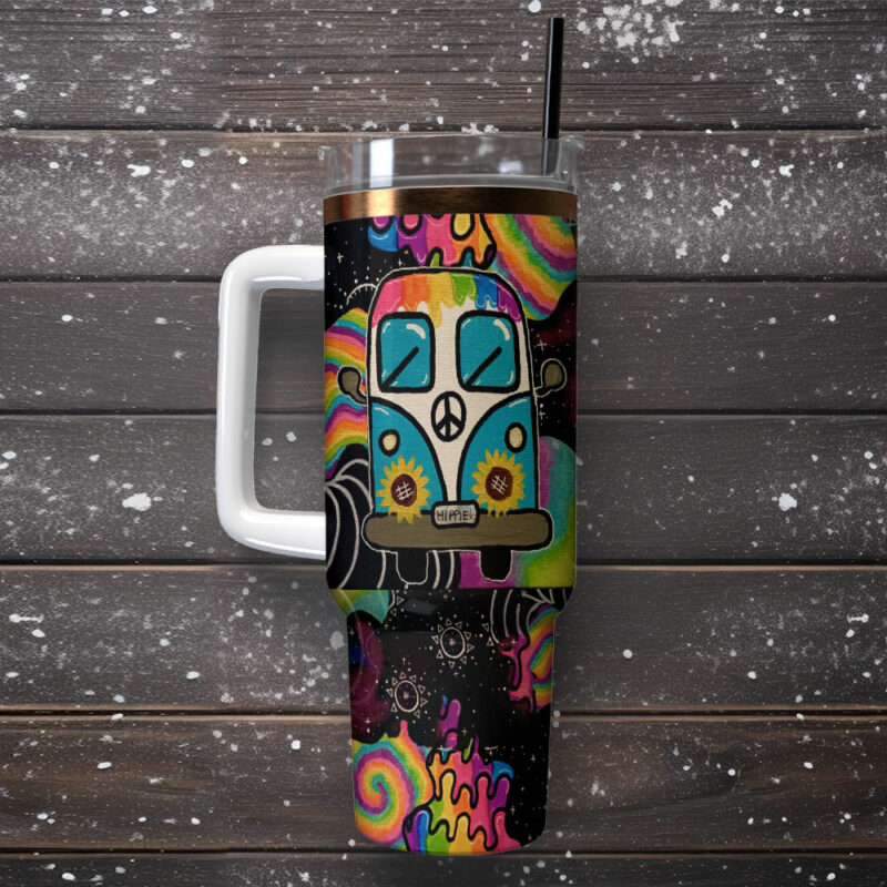 Colorful Van Sunflower Custom Stanley Quencher 40oz Stainless Steel Tumbler With Handle - Threewoofs - Image 2