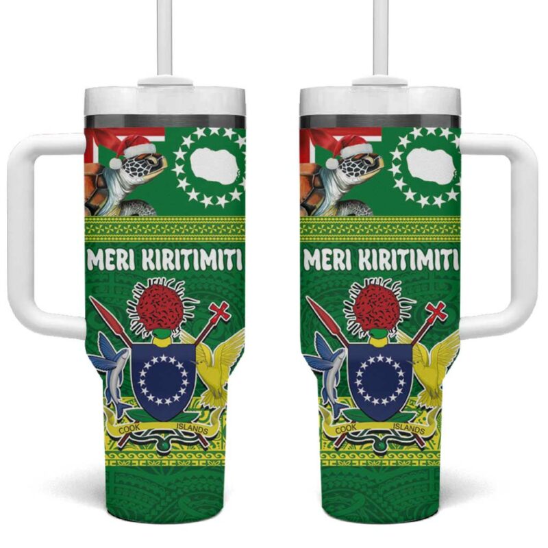 Cook Islands Meri Kiritimiti Christmas Turtle Custom Stanley Quencher 40oz Stainless Steel Tumbler With Handle - Threewoofs