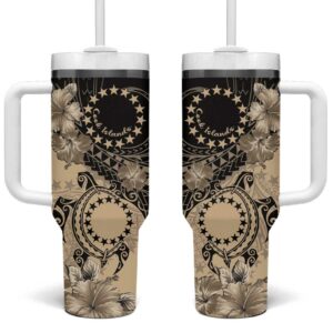 Cook Islands Turtle Stars and Hibiscus Beige Custom Stanley Quencher 40oz Stainless Steel Tumbler With Handle - Threewoofs