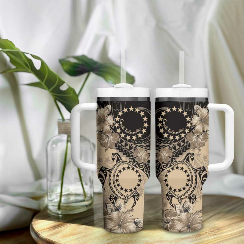 Cook Islands Turtle Stars and Hibiscus Beige Custom Stanley Quencher 40oz Stainless Steel Tumbler With Handle - Threewoofs - Image 9