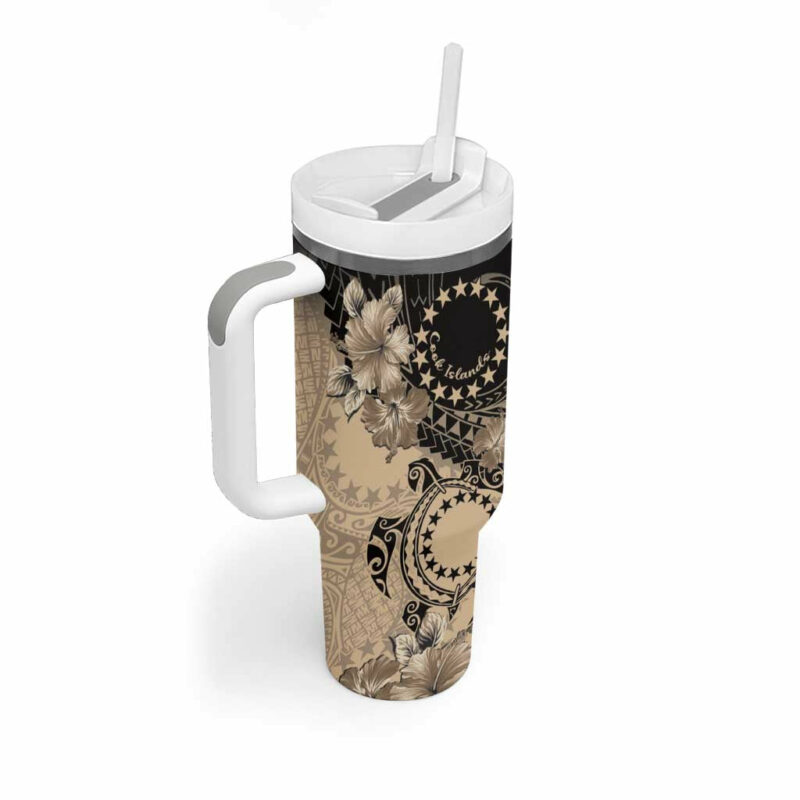 Cook Islands Turtle Stars and Hibiscus Beige Custom Stanley Quencher 40oz Stainless Steel Tumbler With Handle - Threewoofs - Image 2