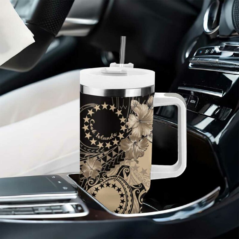 Cook Islands Turtle Stars and Hibiscus Beige Custom Stanley Quencher 40oz Stainless Steel Tumbler With Handle - Threewoofs - Image 8