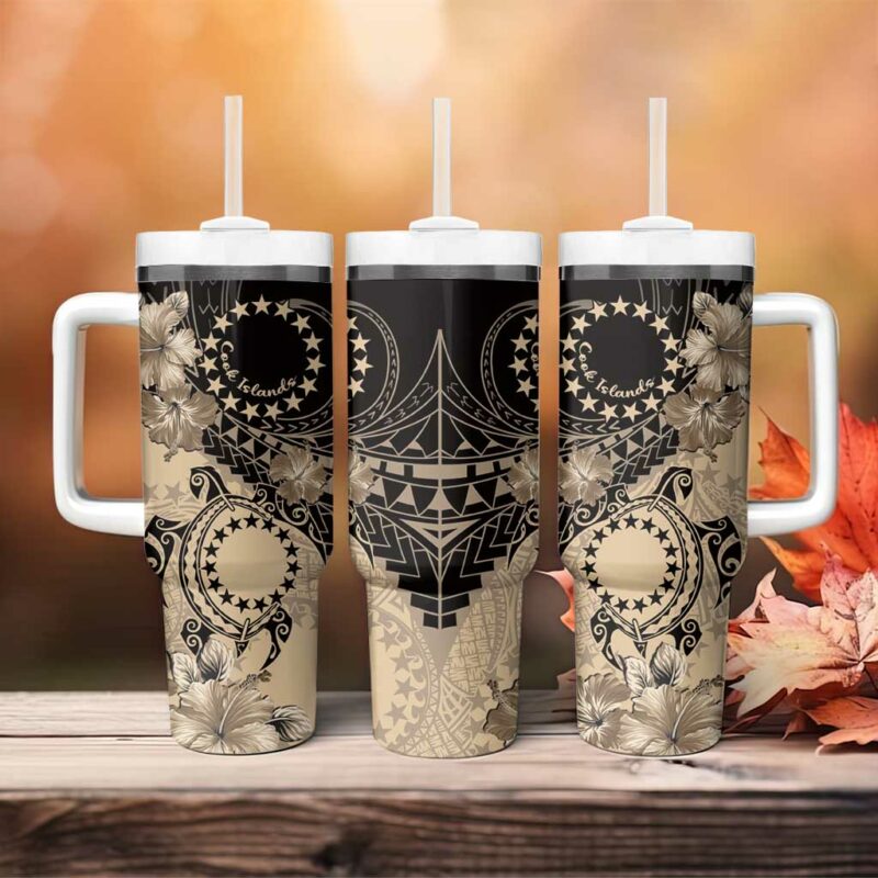 Cook Islands Turtle Stars and Hibiscus Beige Custom Stanley Quencher 40oz Stainless Steel Tumbler With Handle - Threewoofs - Image 4