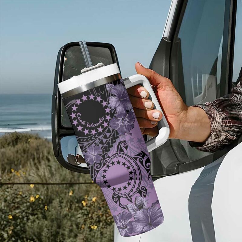 Cook Islands Turtle Stars and Hibiscus Purple Custom Stanley Quencher 40oz Stainless Steel Tumbler With Handle - Threewoofs - Image 7