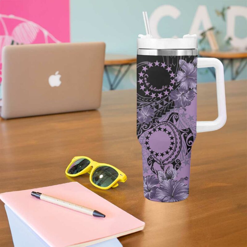 Cook Islands Turtle Stars and Hibiscus Purple Custom Stanley Quencher 40oz Stainless Steel Tumbler With Handle - Threewoofs - Image 5