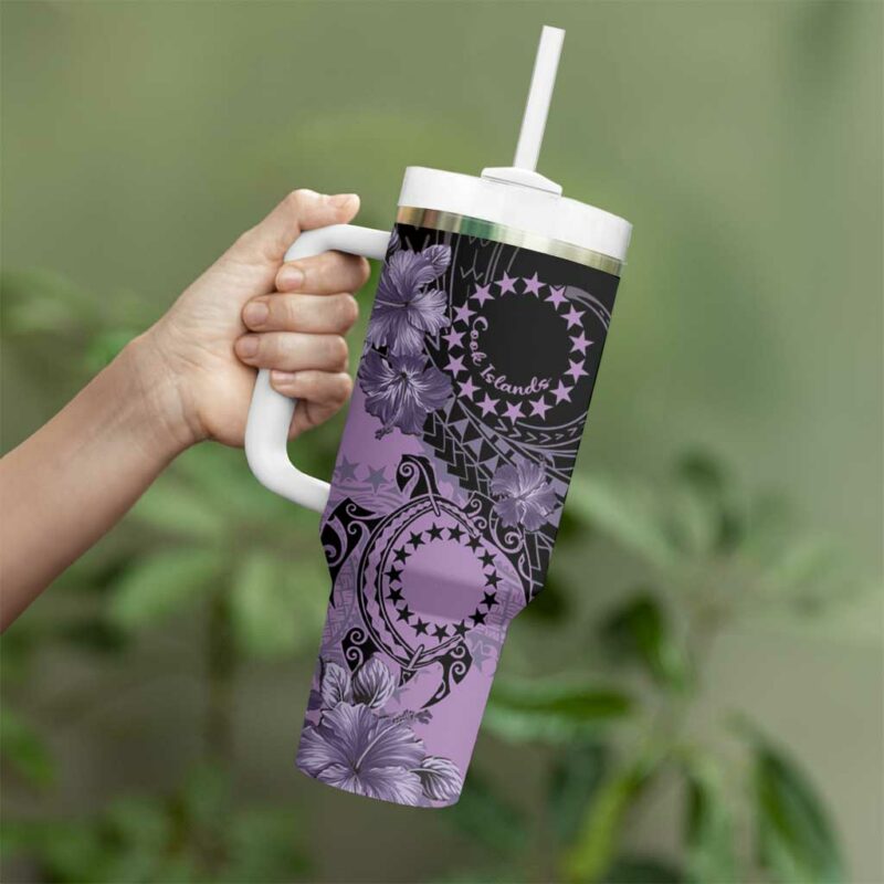 Cook Islands Turtle Stars and Hibiscus Purple Custom Stanley Quencher 40oz Stainless Steel Tumbler With Handle - Threewoofs - Image 3