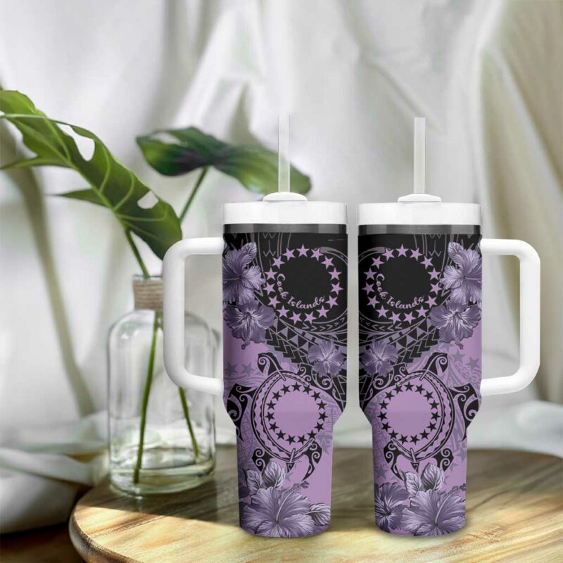 Cook Islands Turtle Stars and Hibiscus Purple Custom Stanley Quencher 40oz Stainless Steel Tumbler With Handle - Threewoofs - Image 9