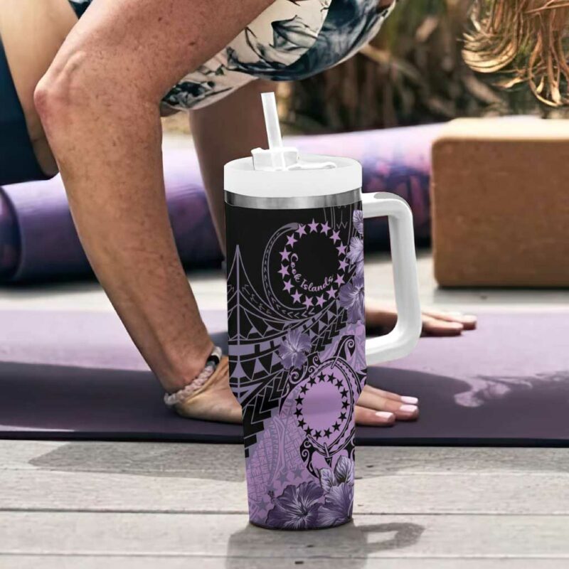 Cook Islands Turtle Stars and Hibiscus Purple Custom Stanley Quencher 40oz Stainless Steel Tumbler With Handle - Threewoofs - Image 6