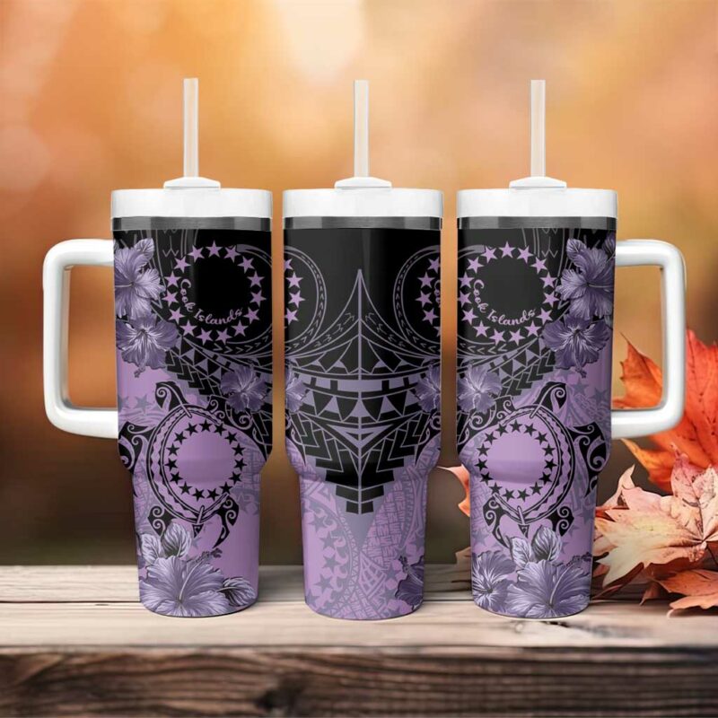 Cook Islands Turtle Stars and Hibiscus Purple Custom Stanley Quencher 40oz Stainless Steel Tumbler With Handle - Threewoofs - Image 4