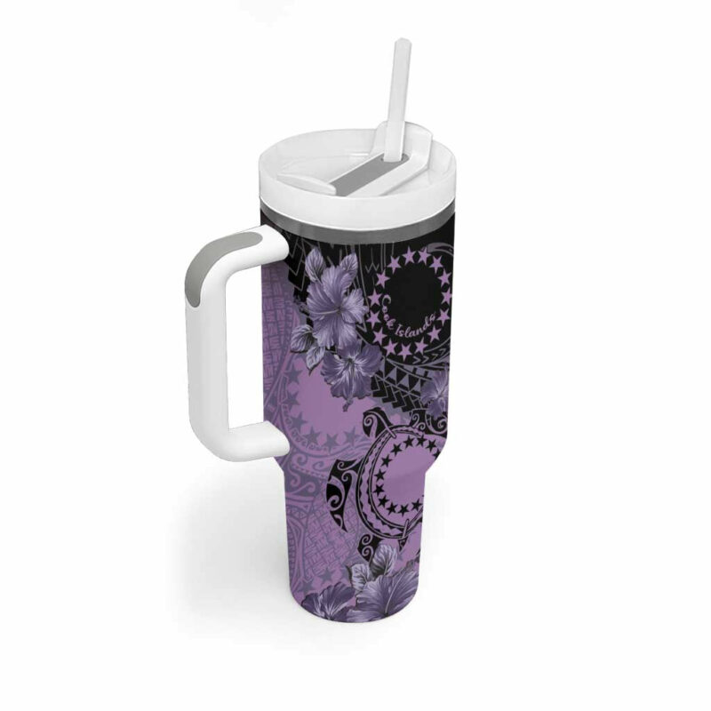 Cook Islands Turtle Stars and Hibiscus Purple Custom Stanley Quencher 40oz Stainless Steel Tumbler With Handle - Threewoofs - Image 2