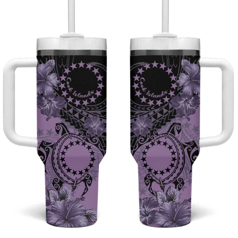 Cook Islands Turtle Stars and Hibiscus Purple Custom Stanley Quencher 40oz Stainless Steel Tumbler With Handle - Threewoofs