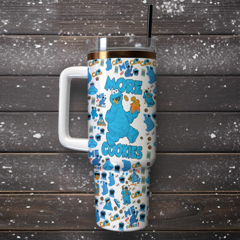 Cookie Monster Sesame Street TV Series Custom Stanley Quencher 40oz Stainless Steel Tumbler With Handle - Threewoofs - Image 2