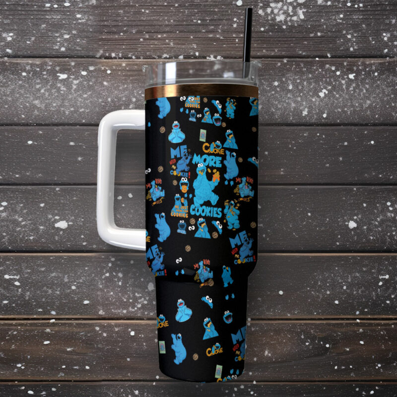 Cookie Monster Sesame Street TV Series Custom Stanley Quencher 40oz Stainless Steel Tumbler With Handle - Threewoofs - Image 2