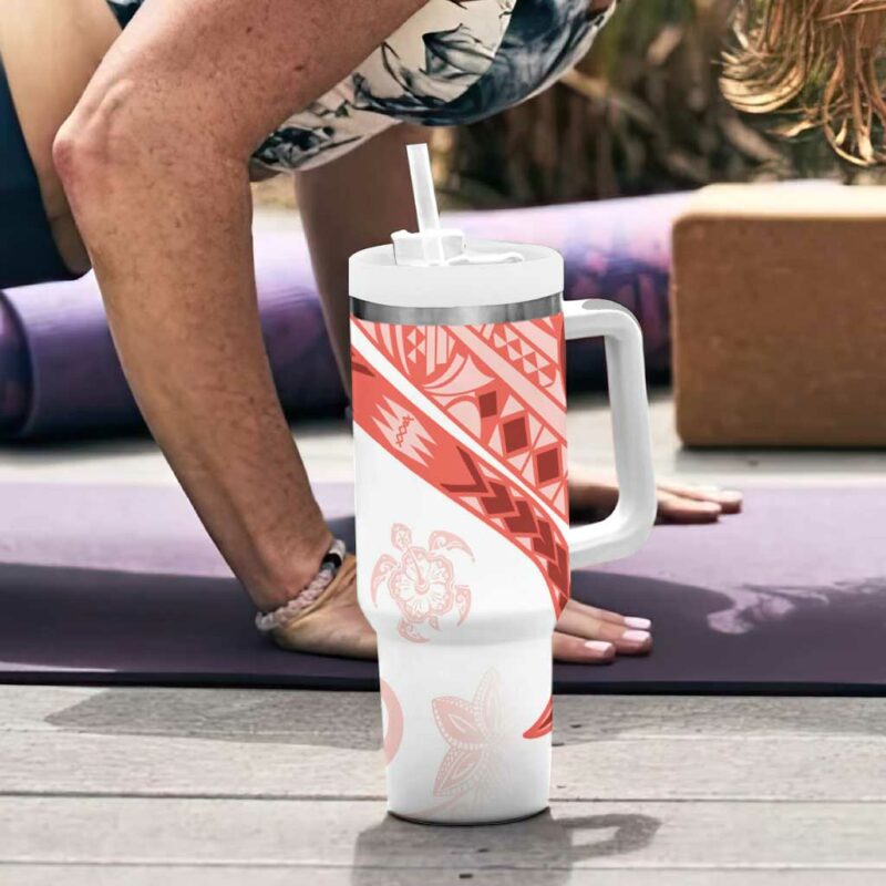 Coral Red Polynesian Tribal Turtle Floral Custom Stanley Quencher 40oz Stainless Steel Tumbler With Handle - Threewoofs - Image 6
