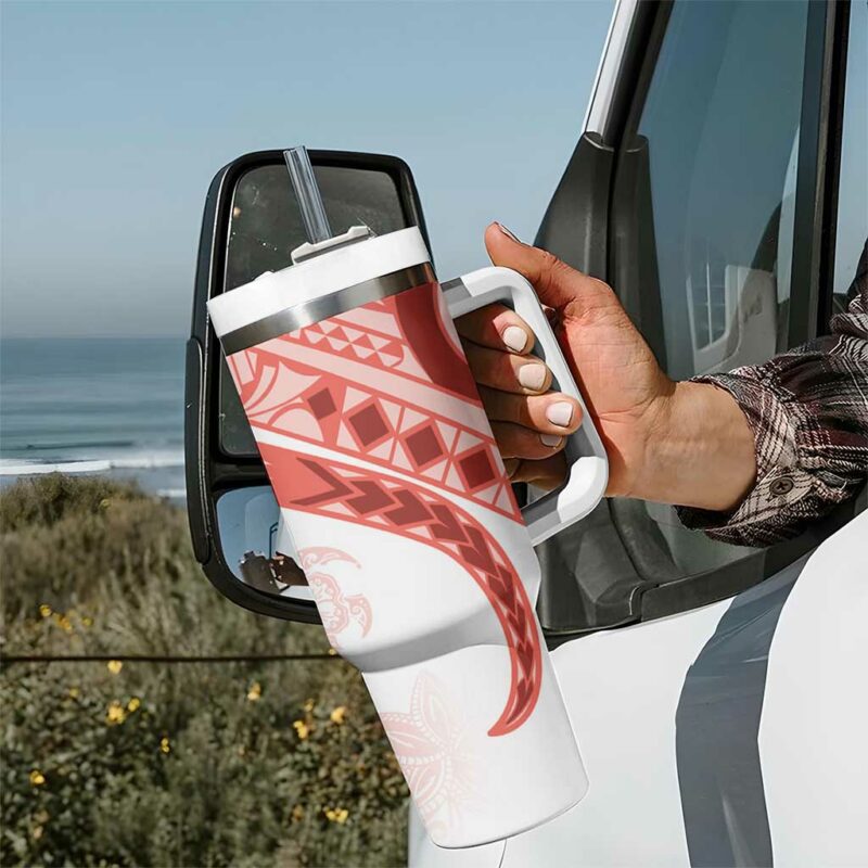 Coral Red Polynesian Tribal Turtle Floral Custom Stanley Quencher 40oz Stainless Steel Tumbler With Handle - Threewoofs - Image 7