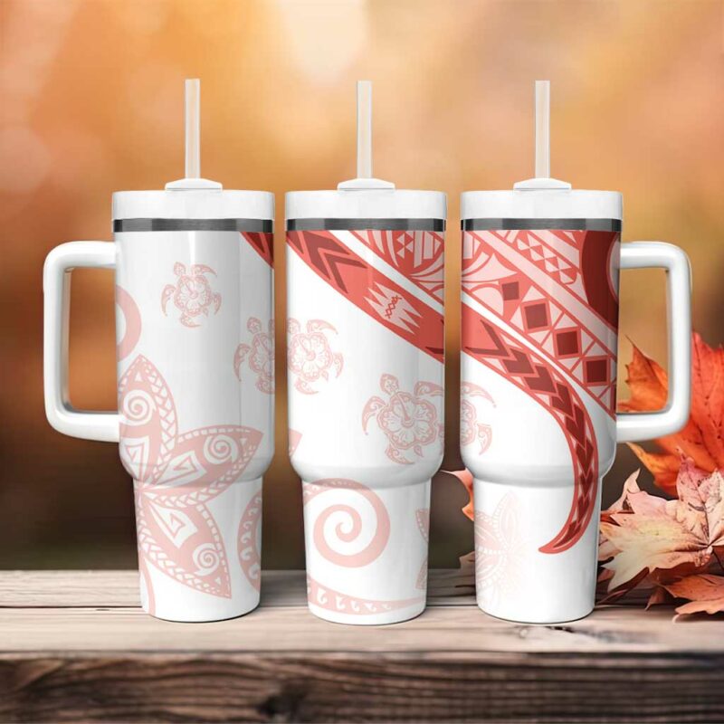 Coral Red Polynesian Tribal Turtle Floral Custom Stanley Quencher 40oz Stainless Steel Tumbler With Handle - Threewoofs - Image 4