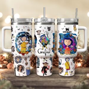 Coraline Cartoon Custom Stanley Quencher 40oz Stainless Steel Tumbler With Handle - Threewoofs