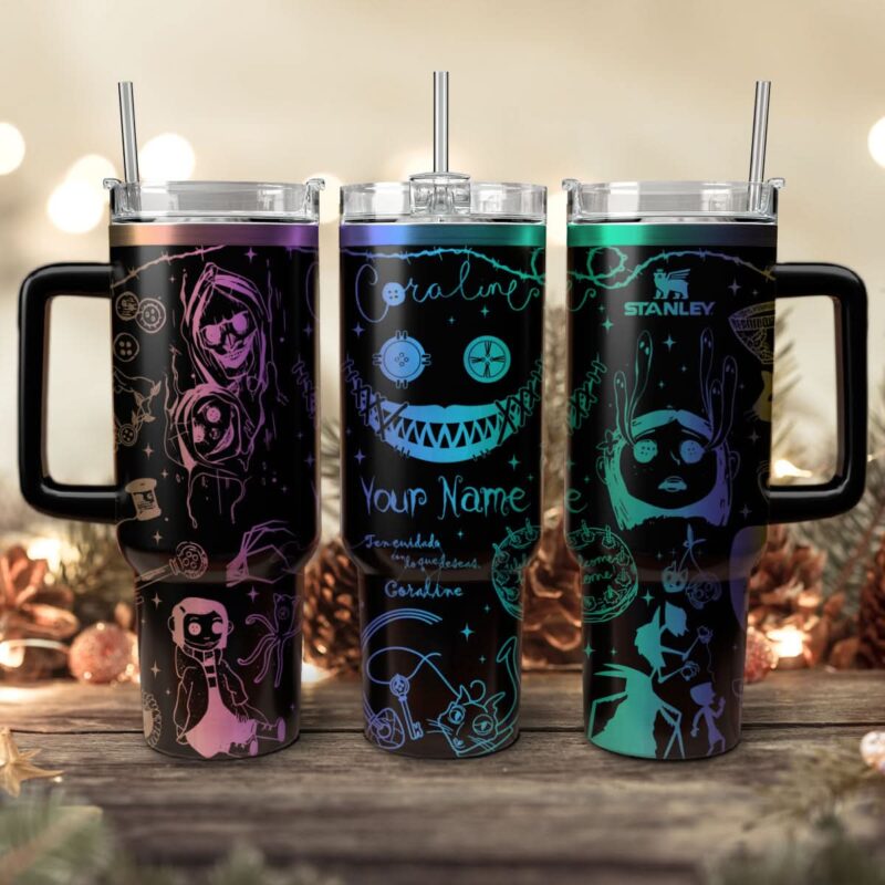 Coraline Cartoon Custom Stanley Quencher 40oz Stainless Steel Tumbler With Handle - Threewoofs