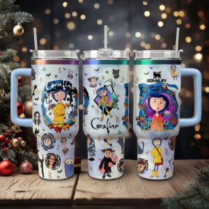 Coraline Cartoon Custom Stanley Quencher 40oz Stainless Steel Tumbler With Handle - Threewoofs