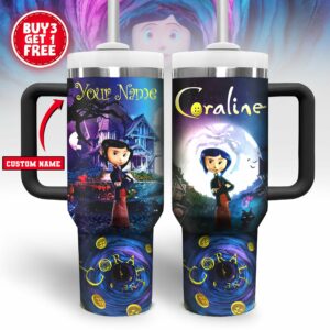 Coraline Cartoon Custom Stanley Quencher 40oz Stainless Steel Tumbler With Handle - Threewoofs