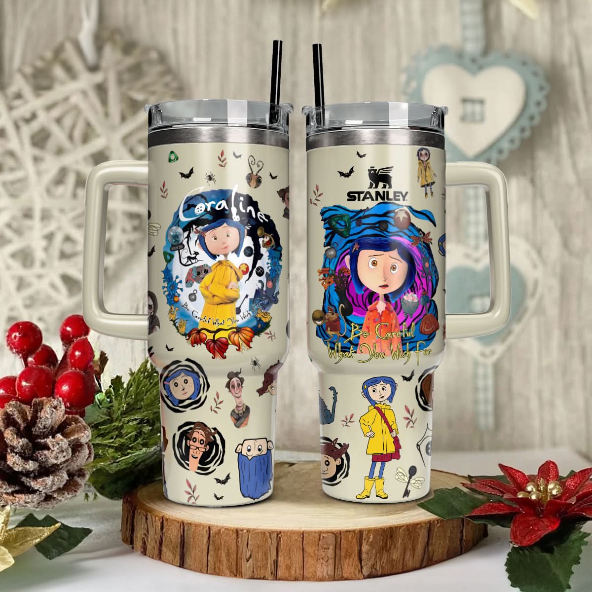 Coraline Cartoon Custom Stanley Quencher 40oz Stainless Steel Tumbler With Handle - Threewoofs