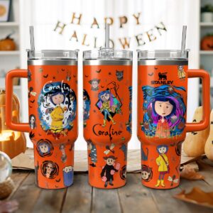 Coraline Cartoon Custom Stanley Quencher 40oz Stainless Steel Tumbler With Handle - Threewoofs