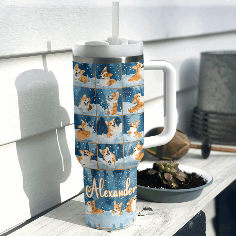 Corgi Winter Wonderland Christmas Custom Stanley Quencher 40oz Stainless Steel Tumbler With Handle - Threewoofs - Image 3