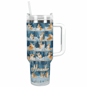 Corgi Winter Wonderland Christmas Custom Stanley Quencher 40oz Stainless Steel Tumbler With Handle - Threewoofs