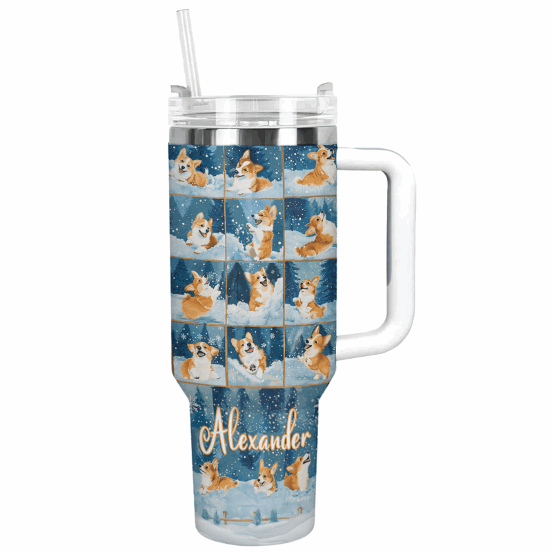 Corgi Winter Wonderland Christmas Custom Stanley Quencher 40oz Stainless Steel Tumbler With Handle - Threewoofs
