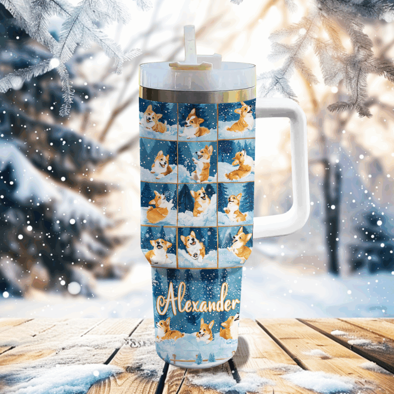 Corgi Winter Wonderland Christmas Custom Stanley Quencher 40oz Stainless Steel Tumbler With Handle - Threewoofs - Image 2