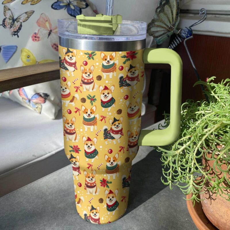 Corgis Christmas Party Custom Stanley Quencher 40oz Stainless Steel Tumbler With Handle - Threewoofs - Image 3