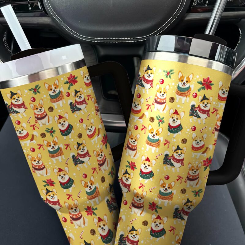 Corgis Christmas Party Custom Stanley Quencher 40oz Stainless Steel Tumbler With Handle - Threewoofs - Image 2