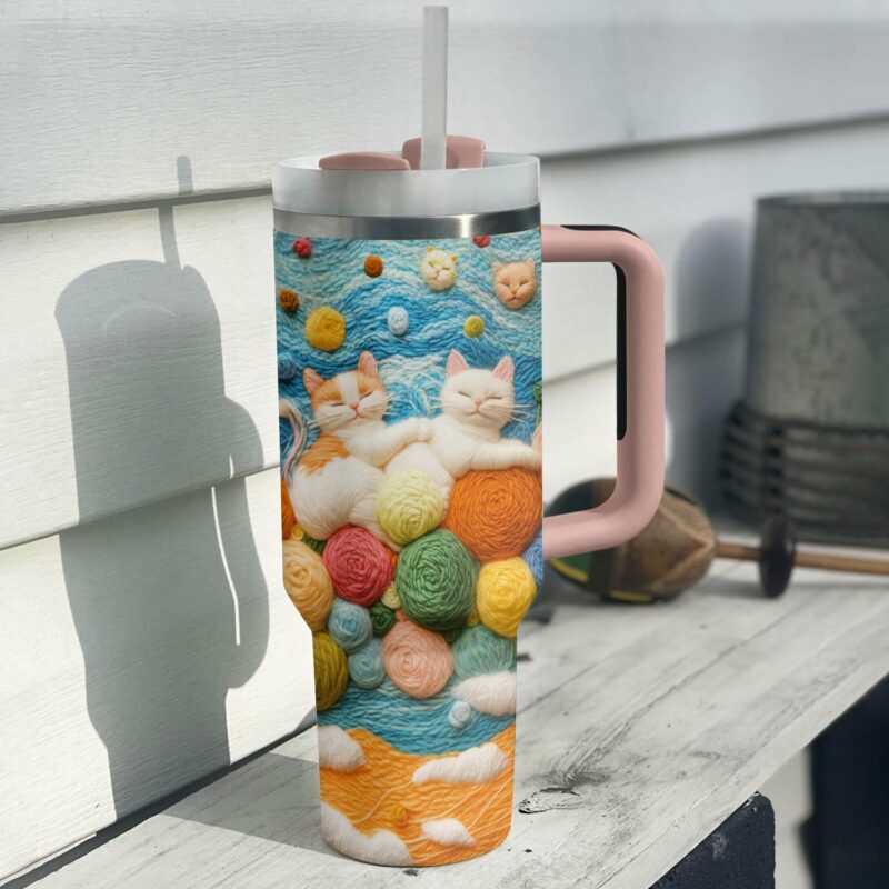 Cozy Cat Cushion Custom Stanley Quencher 40oz Stainless Steel Tumbler With Handle - Threewoofs - Image 3