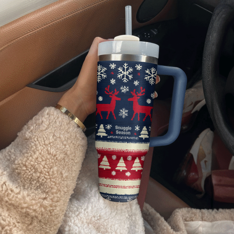 Cozy Christmas Knit Custom Stanley Quencher 40oz Stainless Steel Tumbler With Handle - Threewoofs - Image 2