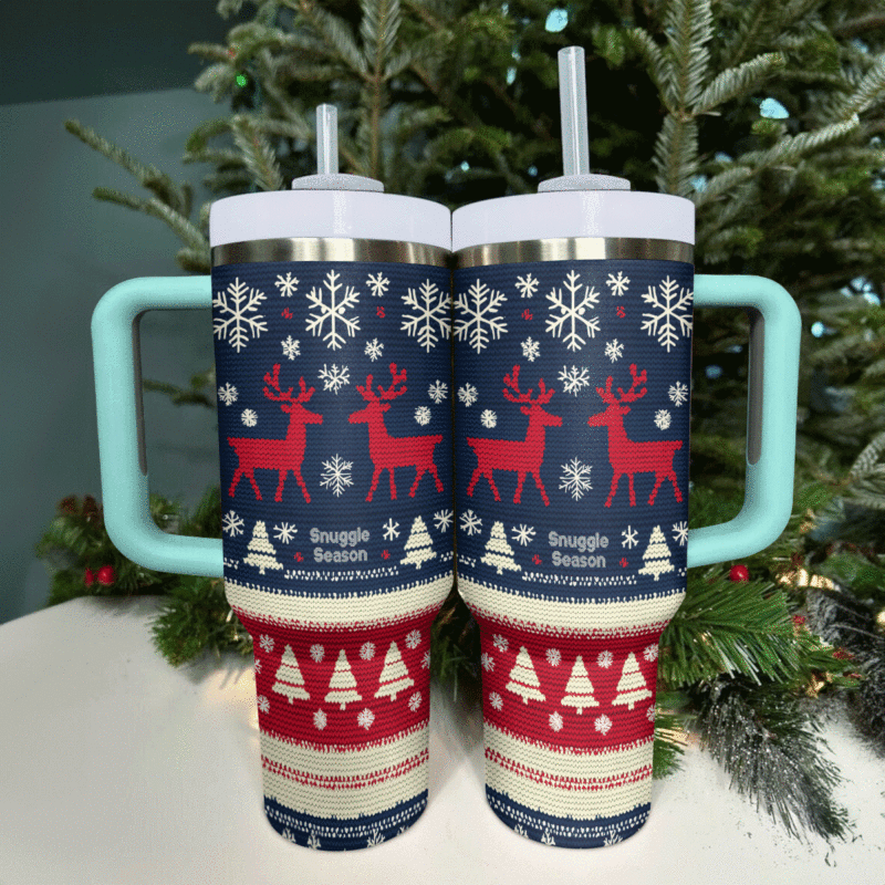 Cozy Christmas Knit Custom Stanley Quencher 40oz Stainless Steel Tumbler With Handle - Threewoofs - Image 3