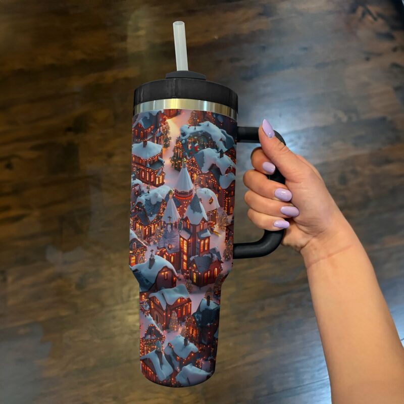 Cozy Christmas Village Night Custom Stanley Quencher 40oz Stainless Steel Tumbler With Handle - Threewoofs - Image 2