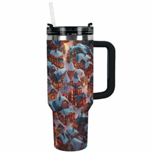 Cozy Christmas Village Night Custom Stanley Quencher 40oz Stainless Steel Tumbler With Handle - Threewoofs