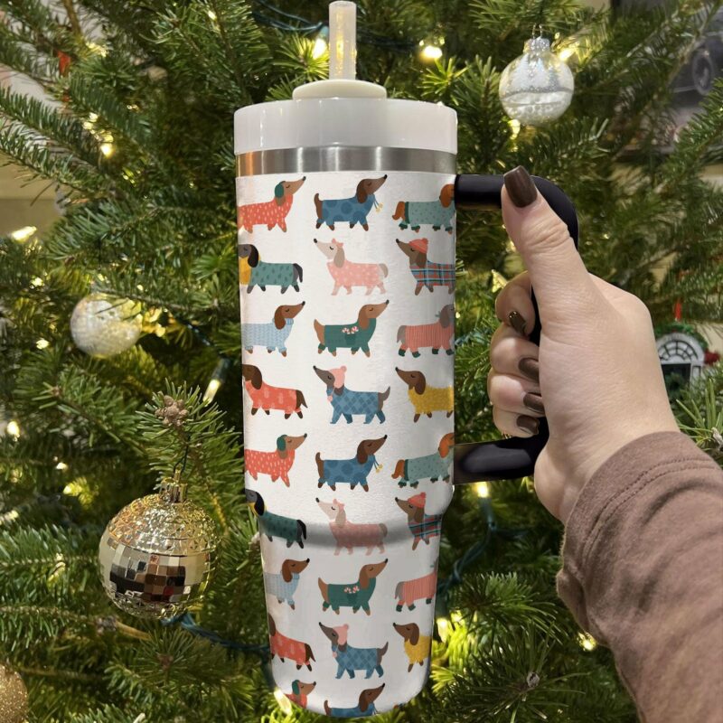 Cozy Dachshund Sweater Christmas Custom Stanley Quencher 40oz Stainless Steel Tumbler With Handle - Threewoofs - Image 2
