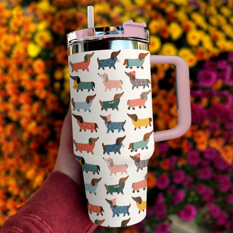Cozy Dachshund Sweater Christmas Custom Stanley Quencher 40oz Stainless Steel Tumbler With Handle - Threewoofs - Image 3