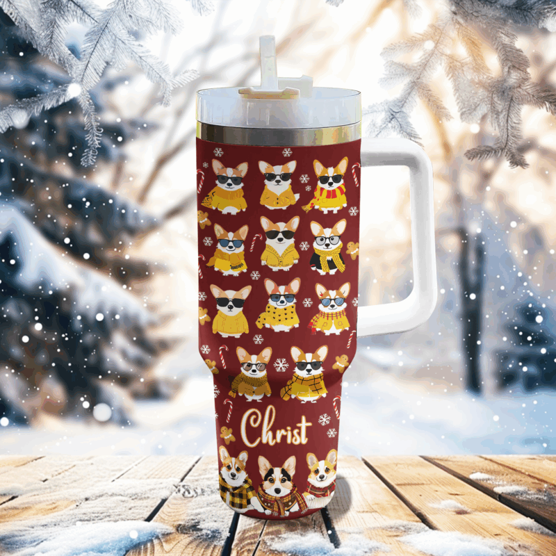 Cozy Yellow Corgi Christmas Custom Stanley Quencher 40oz Stainless Steel Tumbler With Handle - Threewoofs - Image 2