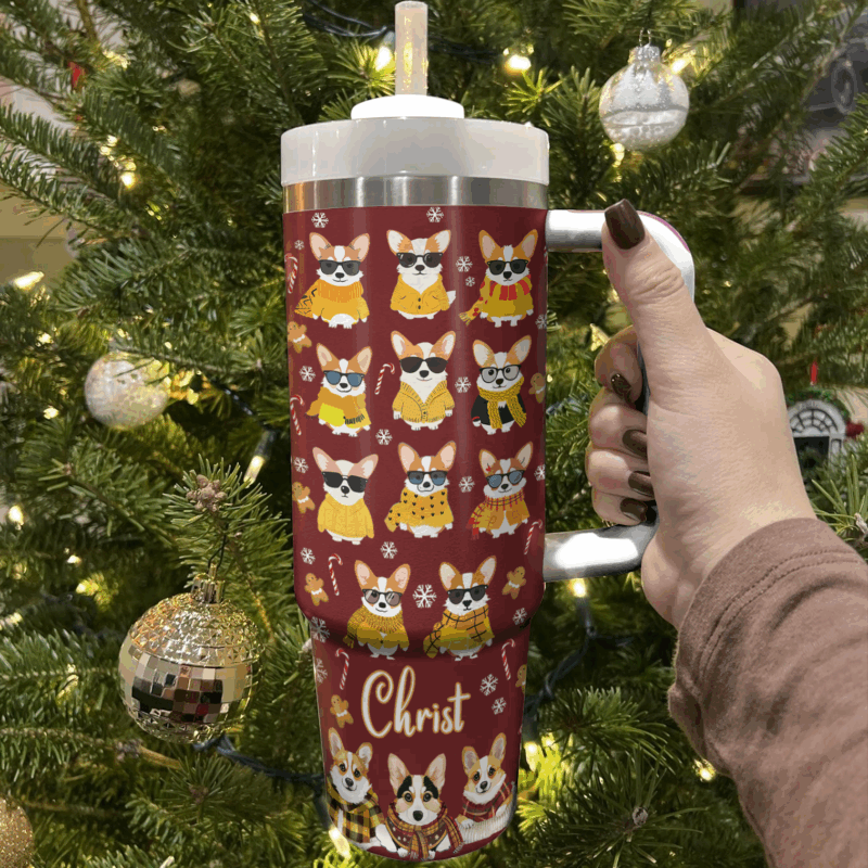 Cozy Yellow Corgi Christmas Custom Stanley Quencher 40oz Stainless Steel Tumbler With Handle - Threewoofs - Image 3