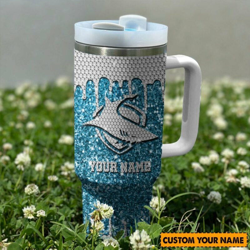 Cronulla-Sutherland Sharks NRL Sports Glitter Custom Stanley Quencher 40oz Stainless Steel Tumbler With Handle - Threewoofs - Image 2