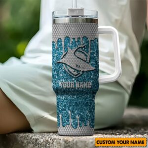 Cronulla-Sutherland Sharks NRL Sports Glitter Custom Stanley Quencher 40oz Stainless Steel Tumbler With Handle - Threewoofs